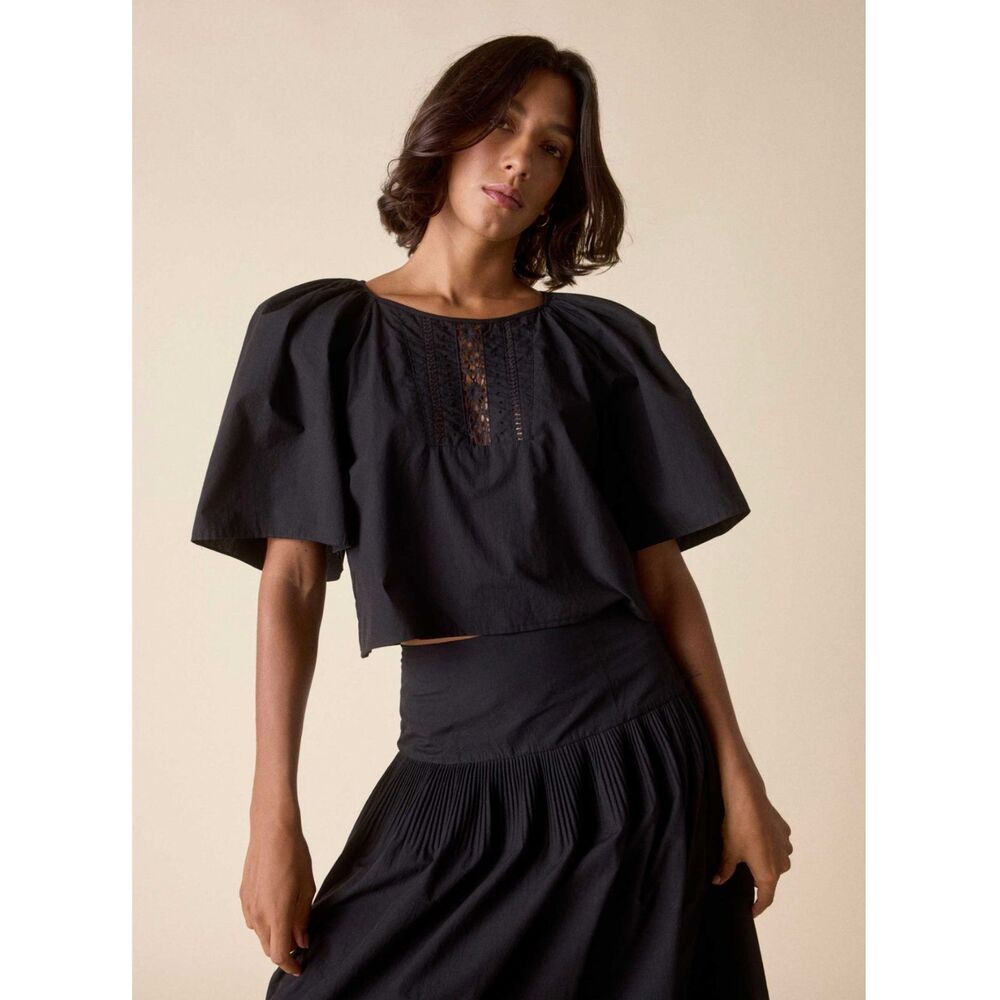 Cool Cropped St Roche Astral Top in Black, Iconic Romantic French Bohemian